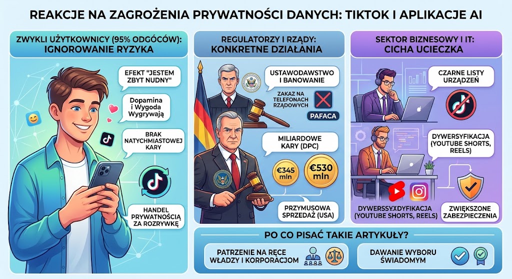 Infografika w nowoczesnym, ilustracyjnym stylu, zatytułowana na górze: "REAKCJE NA ZAGROŻENIA PRYWATNOŚCI DANYCH: TIKTOK I APLIKACJE AI". Jest podzielona na trzy główne kolumny.
