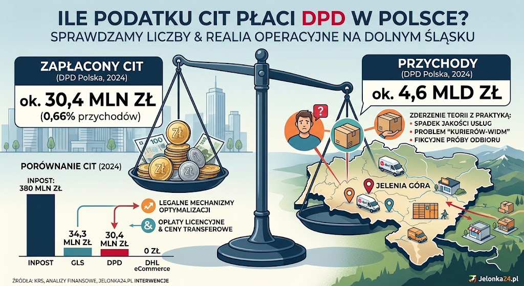 Infografika przedstawiająca porównanie podatku CIT płaconego przez DPD, InPost i DHL w Polsce oraz mapę Dolnego Śląska i Jeleniej Góry z problemem jakości usług kurierskich.