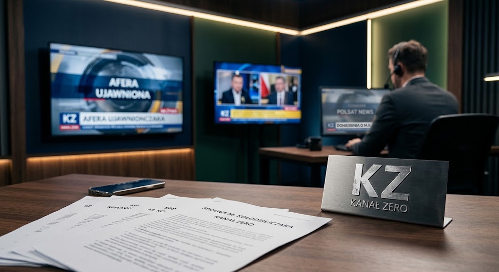 Nowoczesne studio informacyjne z dokumentami dotyczącymi sprawy Michała Kołodziejczaka, logo Kanału Zero i ekranem z paskiem informacyjnym.