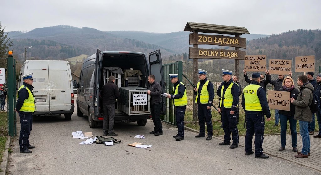 Kordon policji i transport zwierząt egzotycznych przed bramą ZOO Łączna na Dolnym Śląsku, podczas kontrowersyjnej akcji służb.