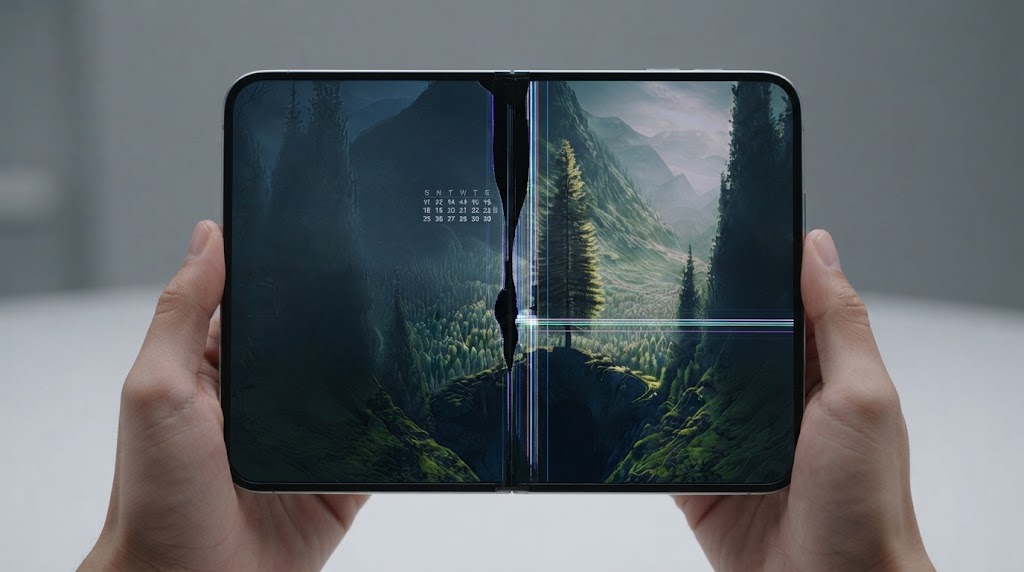 Kryzys wieku dziecięcego czy wada fabryczna? Nowy iPhone Duo mierzy się z falą awarii ekranów. 1 Składany smartfon iPhone Duo trzymany w dłoniach z widocznym pęknięciem elastycznego ekranu i liniami martwych pikseli wzdłuż zawiasu (źródło: Reddit)